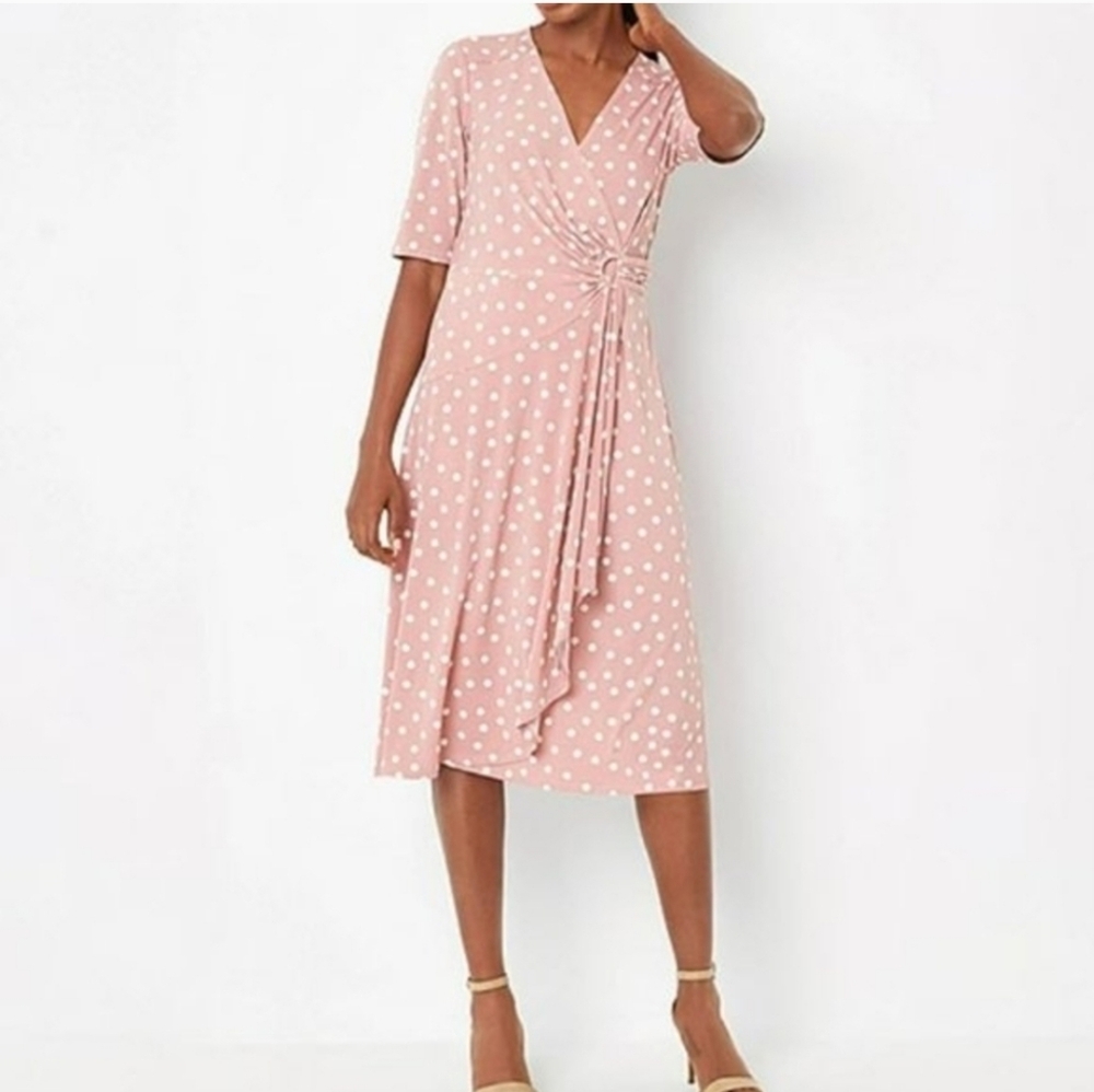Robbie Bee Blush Pink Polka Dot Wrap Fit & Flare Dress Size XL